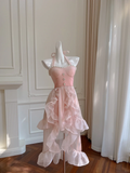 Cute A Line Halter Pink Satin Chiffon High-Low Long Prom Dress, Party Dress, Evening Dress GG2582