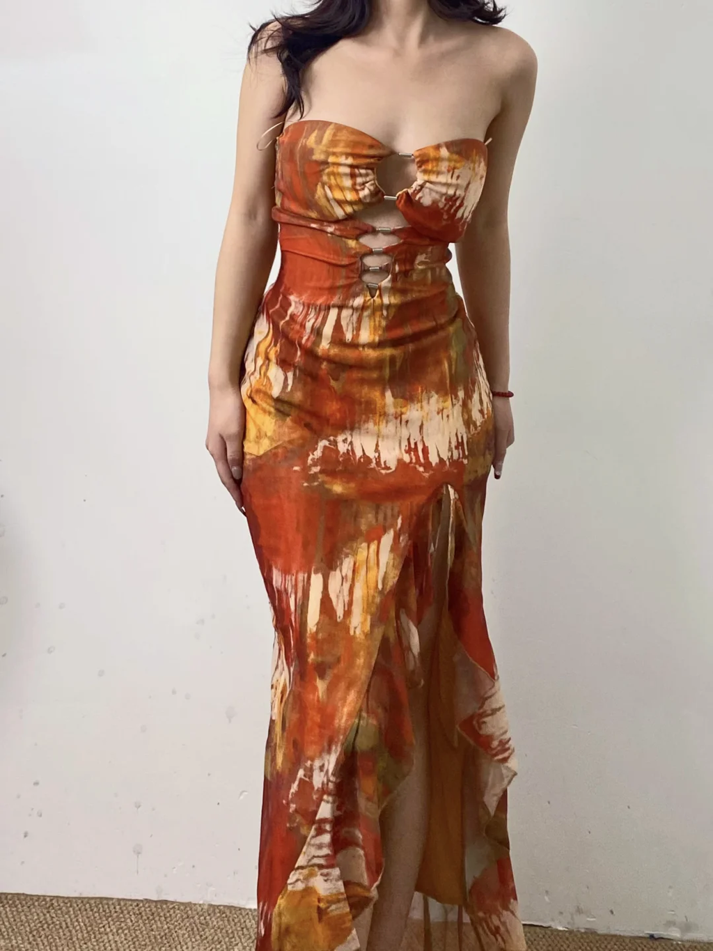 Charming Mermaid Strapless Chiffon Printing Slit Ruffles Long Prom Dress, Party Dress, Evening Dress GG2600