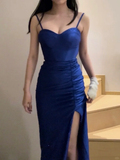 Shiny Mermaid Spaghetti Straps Royal Blue Satin Slit Sequin Long Prom Dress, Party Dress, Evening Dress GG2602
