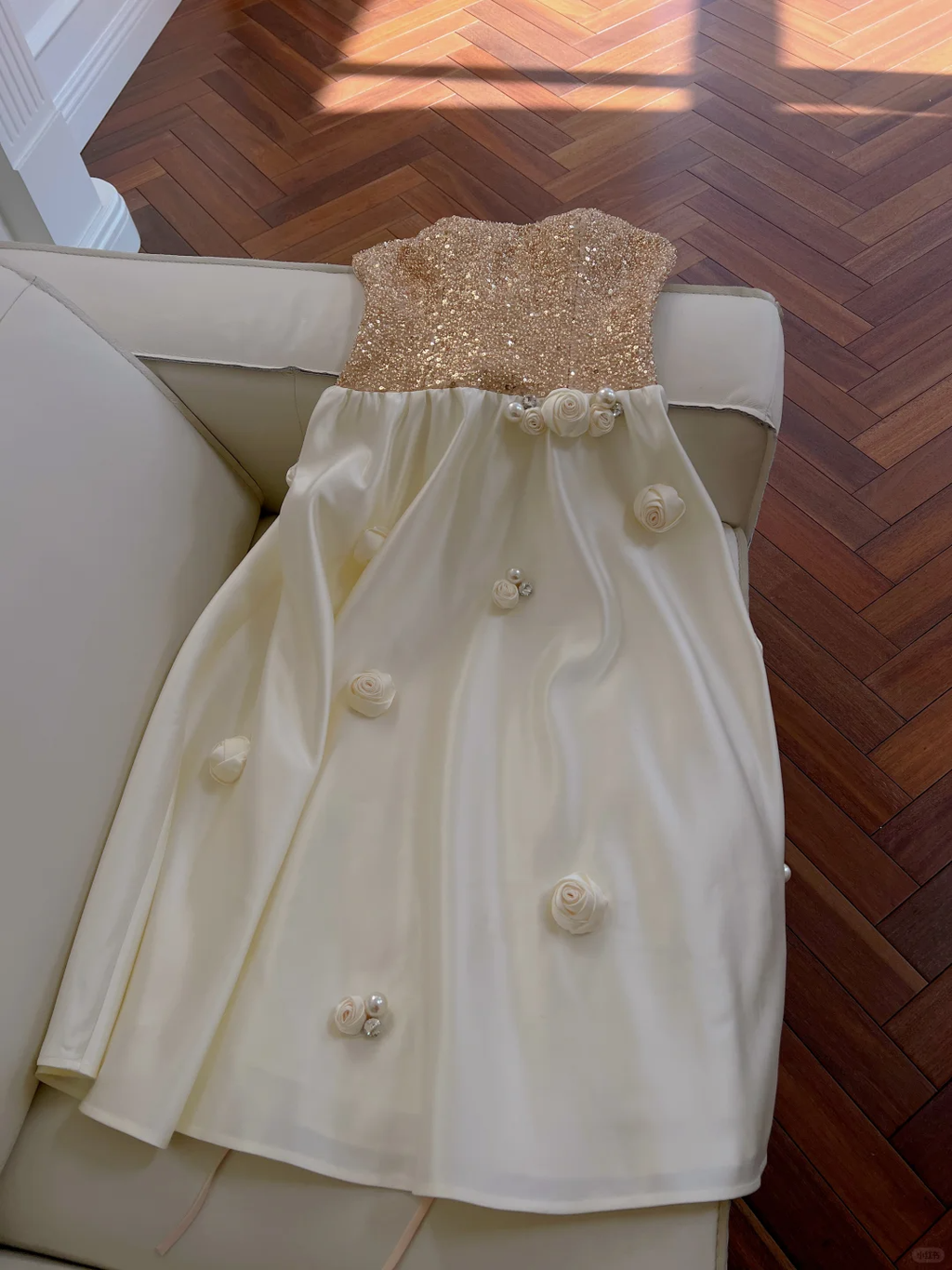 Classy A Line Strapless Satin Sequin Long Prom Dress, Party Dress, Evening Dress GG2611