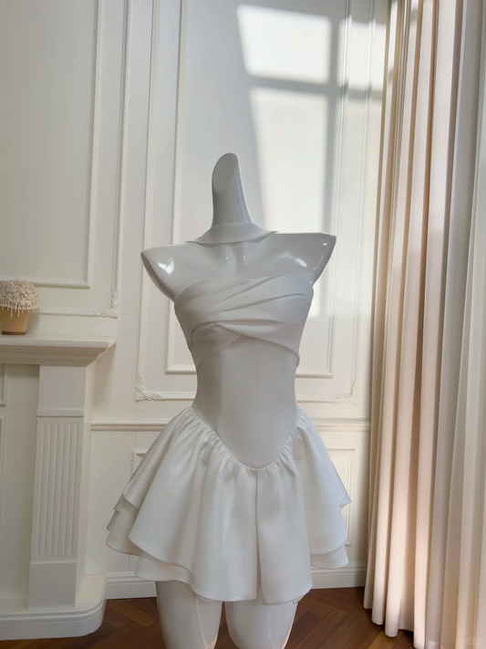 Cute A Line Strapless White Satin Pleated Short Prom Dress,Homecoming Dress,Birthday Dress GG2648