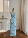 Classy Mermaid Spaghetti Straps Blue Satin Ruffles Long Prom Dress, Party Dress, Evening Dress GG2656