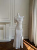 Vintage Mermaid One Shoulder White Satin Sequin Slit Long Prom Dress, Party Dress, Evening Dress GG2663