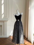 Vintage A Line Spaghetti Straps Black Velvet Satin Tulle Long Prom Dress, Party Dress, Evening Dress GG2666