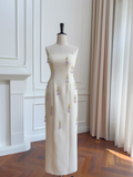 Unique Mermaid Spaghetti Straps White Satin Flowers Long Prom Dress, Party Dress, Evening Dress GG2673