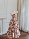 Fairy A Line Spaghetti Straps Satin Flowers Printing Long Prom Dress, Party Dress, Evening Dress GG2700