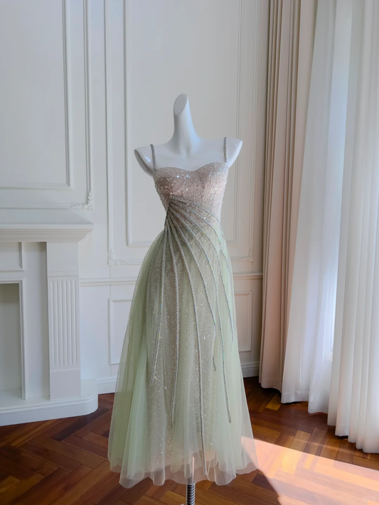 Glitter A Line Spaghetti Straps Tulle Sequin Beaded Long Prom Dress, Party Dress, Evening Dress GG2721