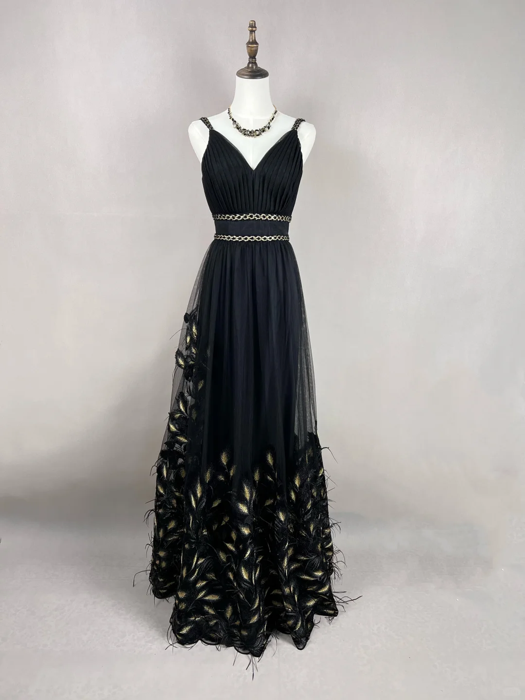 Classy A Line Spaghetti Straps Black Satin Tulle Feather Long Prom Dress, Party Dress, Evening Dress GG2729