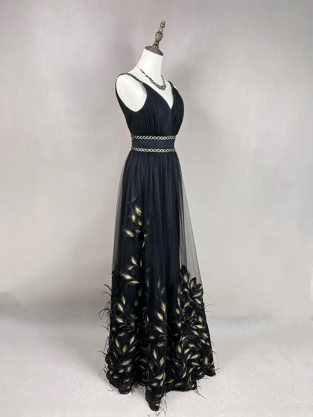Classy A Line Spaghetti Straps Black Satin Tulle Feather Long Prom Dress, Party Dress, Evening Dress GG2729