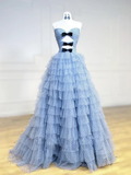 Chic A Line Sweetheart Neck Polka Dots Tulle Blue Long Prom Dress, Evening Dress GG272