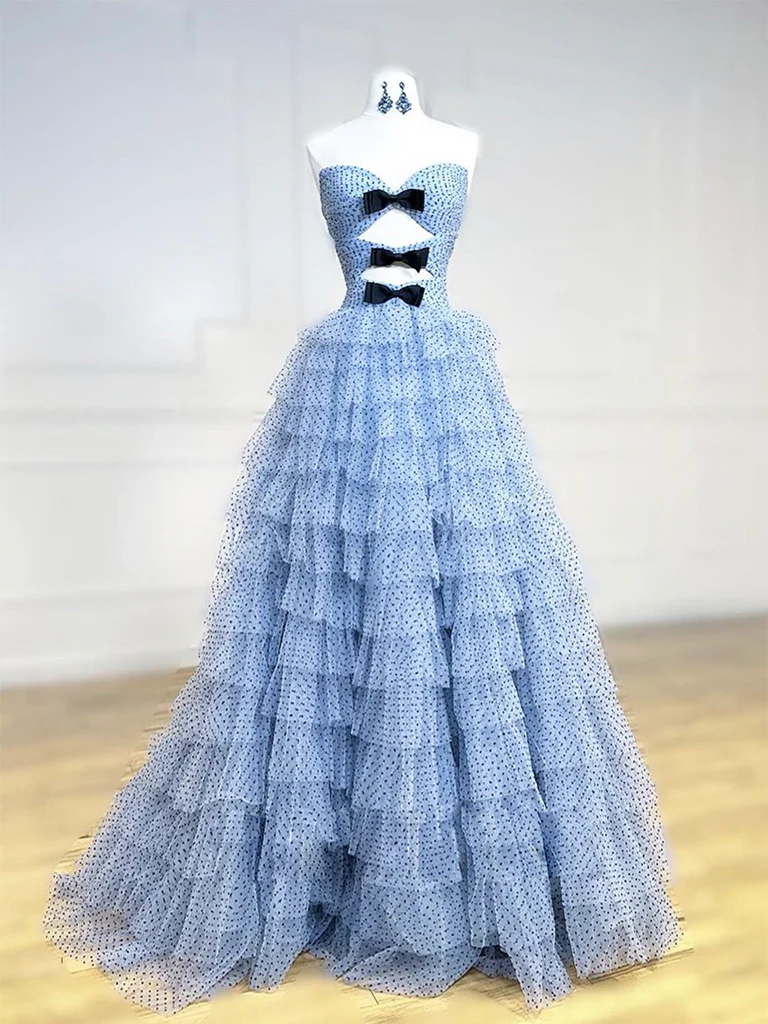 Chic A Line Sweetheart Neck Polka Dots Tulle Blue Long Prom Dress, Evening Dress GG272