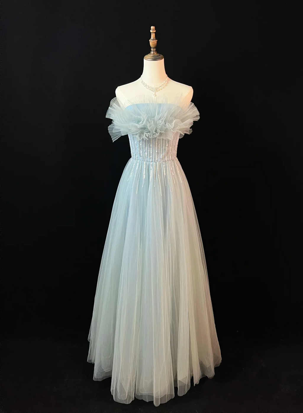 Cute A Line Strapless Satin Tulle Sequin Long Prom Dress, Party Dress, Evening Dress GG2733