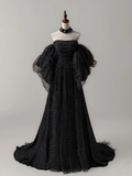 Chic A Line Strapless Off The Shoulder Black Tulle Polka Dots Long Prom Dress, Evening Dress GG275