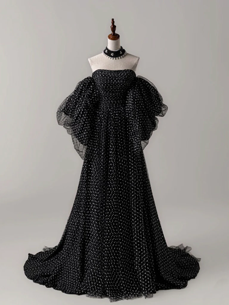 Chic A Line Strapless Off The Shoulder Black Tulle Polka Dots Long Prom Dress, Evening Dress GG275