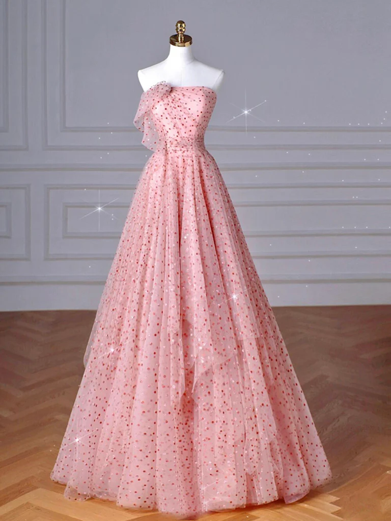Chic A Line Strapless Peach Tulle Polka Dots Long Prom Dress, Evening Dress GG276