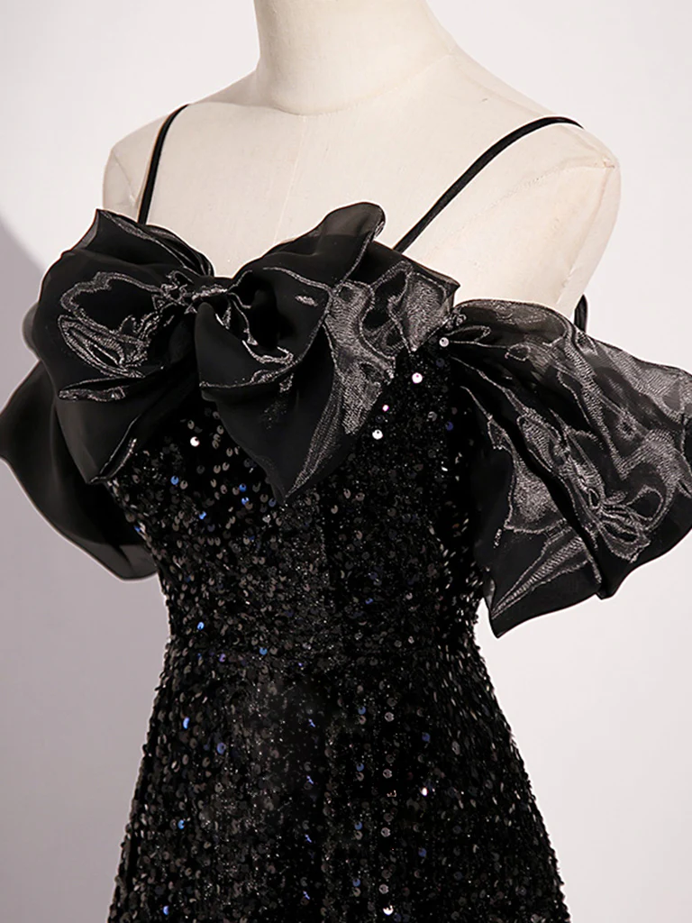 Shiny A Line Off The Shoulder Black Bow Tulle Sequins Long Prom Dress, Evening Dress GG277