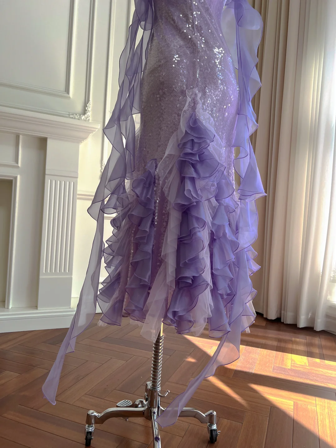 Elegant Mermaid Spaghetti Straps Lilac Sequin Chiffon Long Prom Dress, Party Dress, Evening Dress GG2771