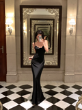 Sexy Mermaid Spaghetti Straps Black Satin Long Prom Dress, Party Dress, Evening Dress GG2785