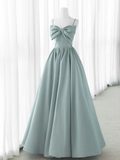Simple A Line Sweetheart Neck Spaghetti Straps Satin Beads Blue Bow Long Prom Dress, Evening Dress GG279