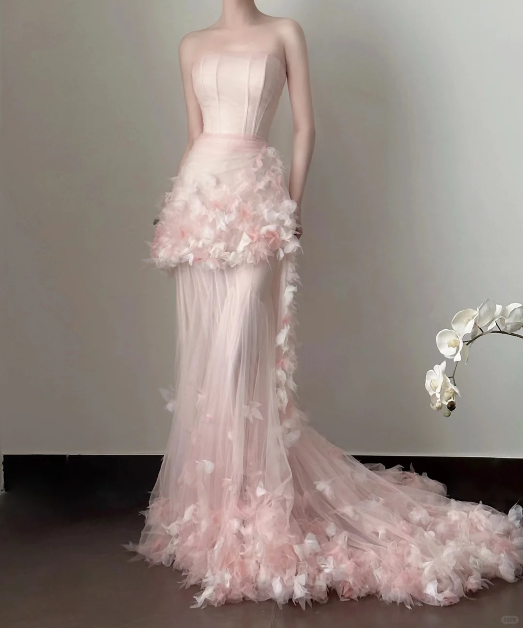 Fairy Mermaid Strapless Pink Satin Tulle Applique Long Prom Dress, Party Dress, Evening Dress GG2819
