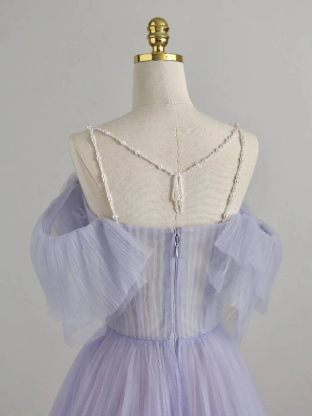 Elegant  A Line Off The Shoulder Spaghetti Beading Straps Lavender Tulle Long Prom Dress, Evening Dress GG282