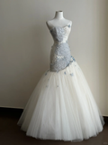 Pretty Mermaid Strapless Tulle Beaded Long Prom Dress, Wedding Dress, Evening Dress GG2839