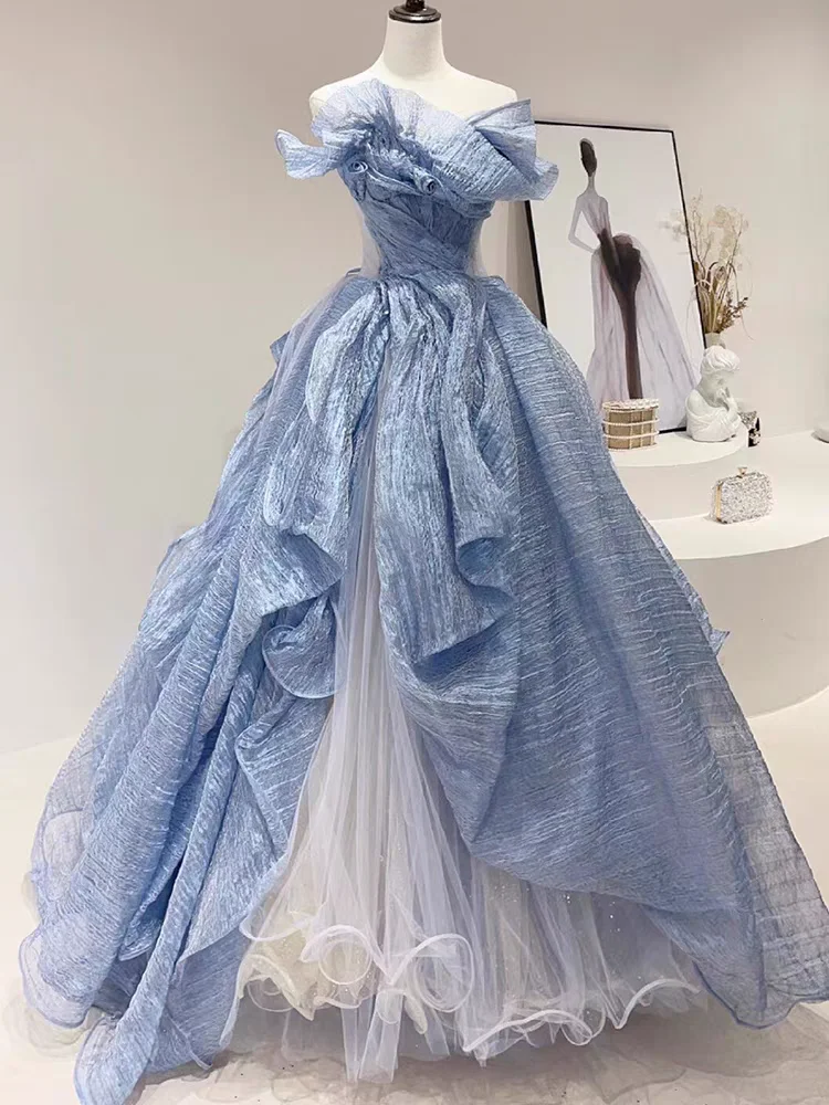 Unique A Line Strapless Tulle Long Prom Dress, Party Dress, Evening Dress GG2859