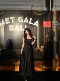 Simple A Line Spaghetti Straps Black Satin Long Prom Dress, Party Dress, Evening Dress GG2864