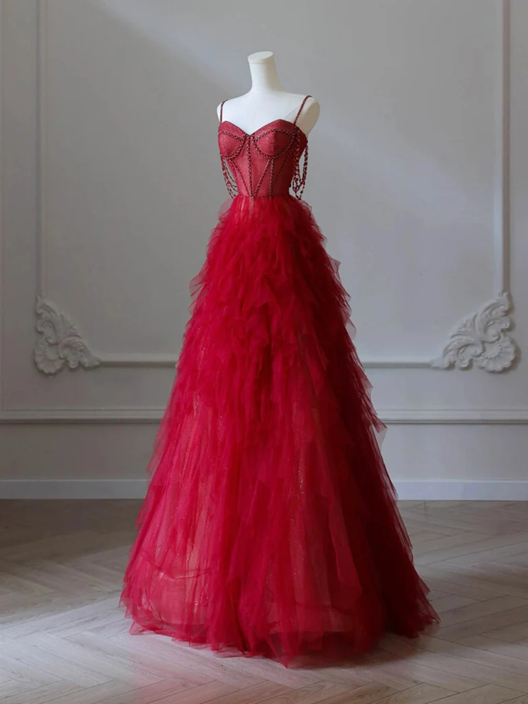 Chic A Line Burgundy Sweetheart Neck Tulle Beads Burgundy Long Prom Dress, Evening Dress GG286