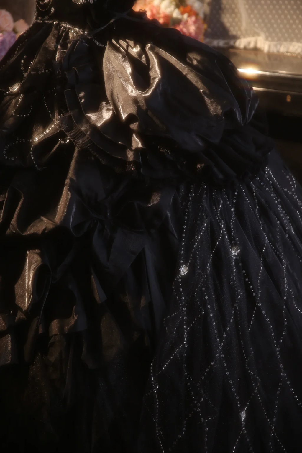 Vintage Ball Gown Strapless Black Satin Beaded Long Prom Dress, Party Dress, Evening Dress GG2877