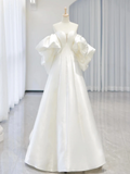 Elegant A Line Sweetheart Neck Satin White Long Prom Dress, Evening Dress GG287