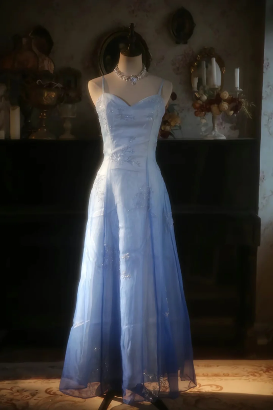 Classy A Line Spaghetti Straps Satin Tulle Beaded Long Prom Dress, Party Dress, Evening Dress GG2881