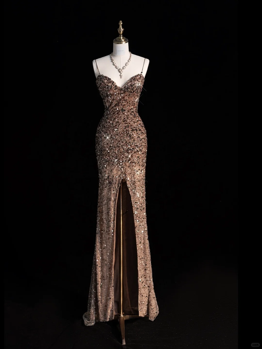 Glitter Mermaid Spaghetti Straps Satin Sequin Slit Long Prom Dress, Party Dress, Evening Dress GG2888