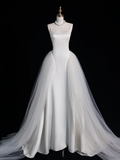 Classy A Line Spaghetti Straps White Satin Tulle Long Prom Dress, Party Dress, Evening Dress GG2892