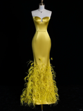 Special Mermaid Strapless Yellow Satin Feather Long Prom Dress, Party Dress, Evening Dress GG2894