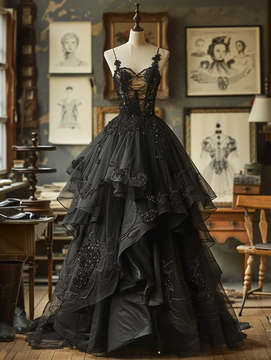 Gorgeous A Line Spaghetti Straps Black Tulle Beaded Long Prom Dress, Party Dress, Evening Dress GG2923