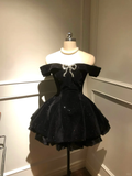 Cute A Line Off The Shoulder Black Satin Beaded Short Prom Dress,Homecoming Dress,Birthday Dress GG2924