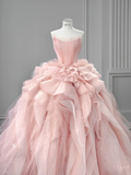 Fairy Ball Gown Strapless Soft Pink Satin Tulle Long Prom Dress, Wedding Dress, Evening Dress GG2932