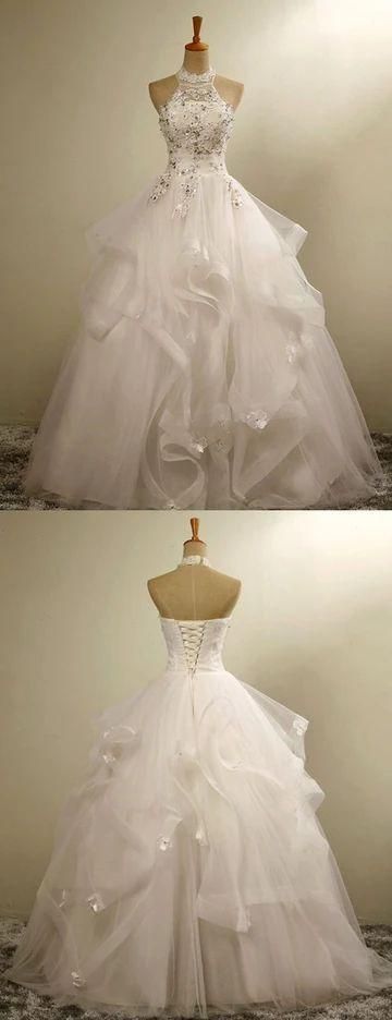 Princess A Line Halter White Tulle Beaded Long Wedding Dress GG2946