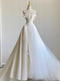 Vintage A Line Strapless White Stain Tulle Long Wedding Dress GG2949