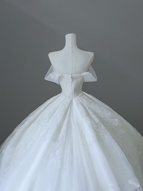 Timeless Ball Gown Off The Shoulder White Tulle Applique Long Wedding Dress GG2957