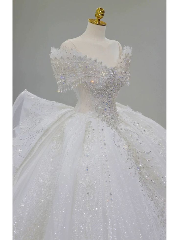 Timeless Ball Gown Off The Shoulder White Tulle Sequin Beaded Long Wedding Dress GG2960