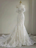 Classy Mermaid Off The Shoulder White Tulle Applique Long Wedding Dress GG2967