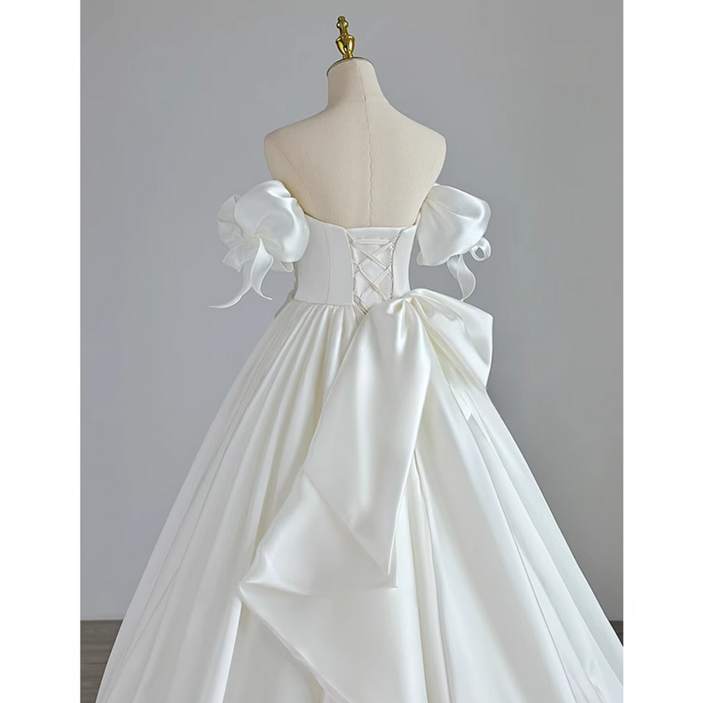 Elegant A Line Off The Shoulder White Satin Tulle Long Wedding Dress GG2968