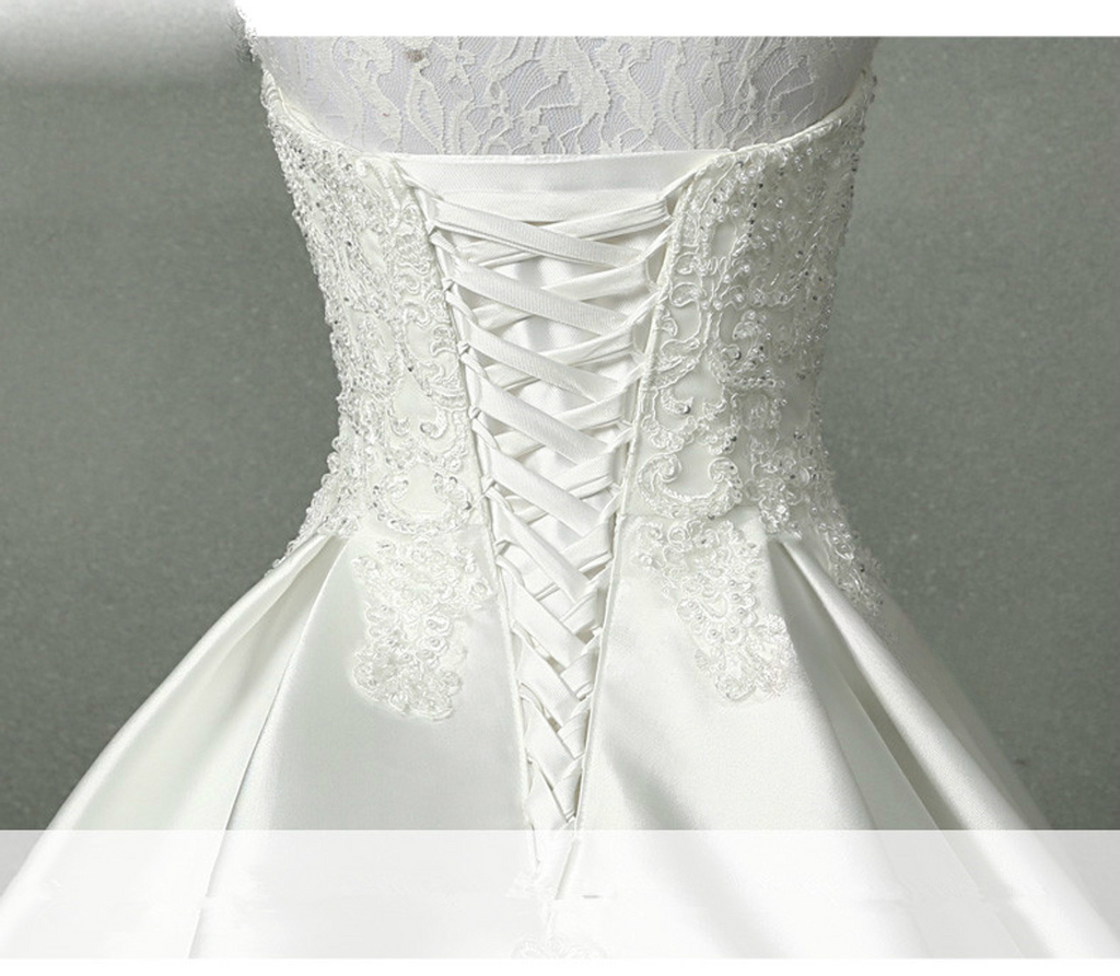 Classic Ball Gown Strapless White Satin Lace Applique Long Wedding Dress GG2974