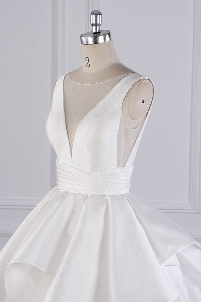 Princess Ball Gown V Neck White Satin Tulle Long Wedding Dress GG2982