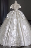 Dreamy Ball Gown Off The Shoulder White Satin Tulle Lace Long Wedding Dress GG2984