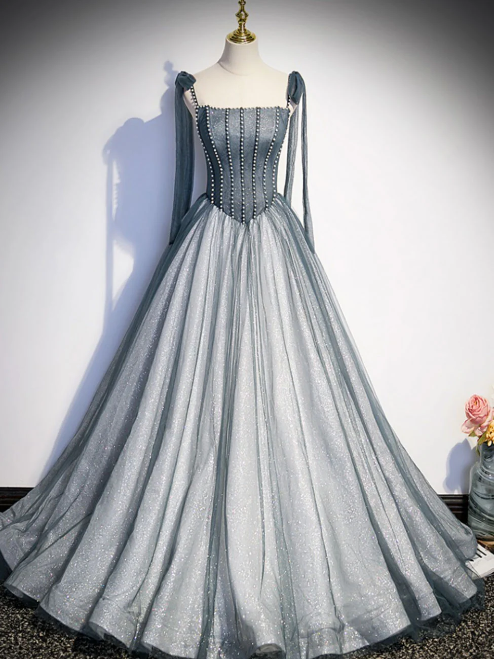 Delicate A Line Spaghetti Straps Bow Shoulder Beading Tulle Long Prom Dress,Evening Dress GG299