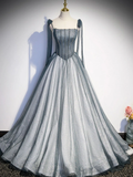 Delicate A Line Spaghetti Straps Bow Shoulder Beading Tulle Long Prom Dress,Evening Dress GG299