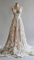 Vintage A Line Spaghetti Straps Tulle Applique Long Wedding Dress GG3003